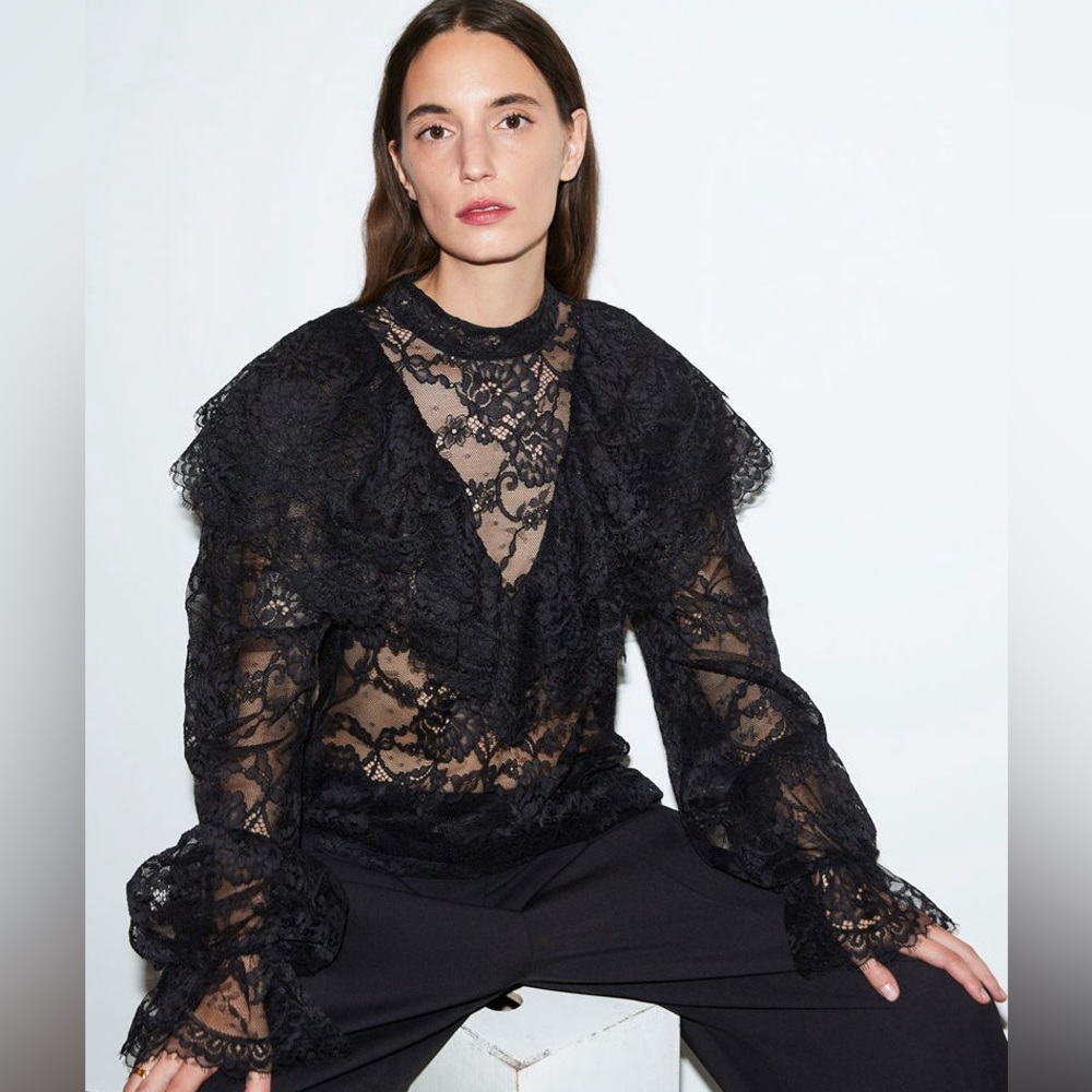 & Other Stories Black Ruffled Sheer Blouse